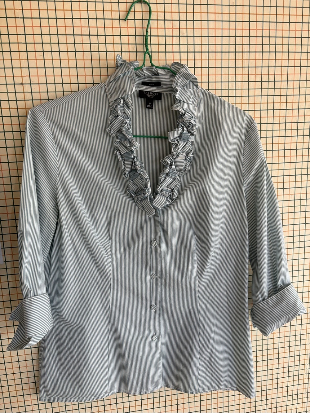 Talbots Light Blue & White Pinstriped Ruffle-Front Blouse